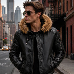 Men's black Nappa leather bomber with fur hood – RXD Leather