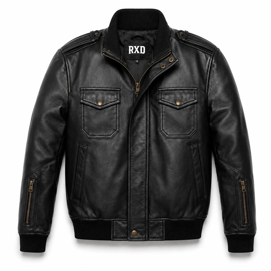 Men's black leather ribbed biker bomber jacket – RXD Leather