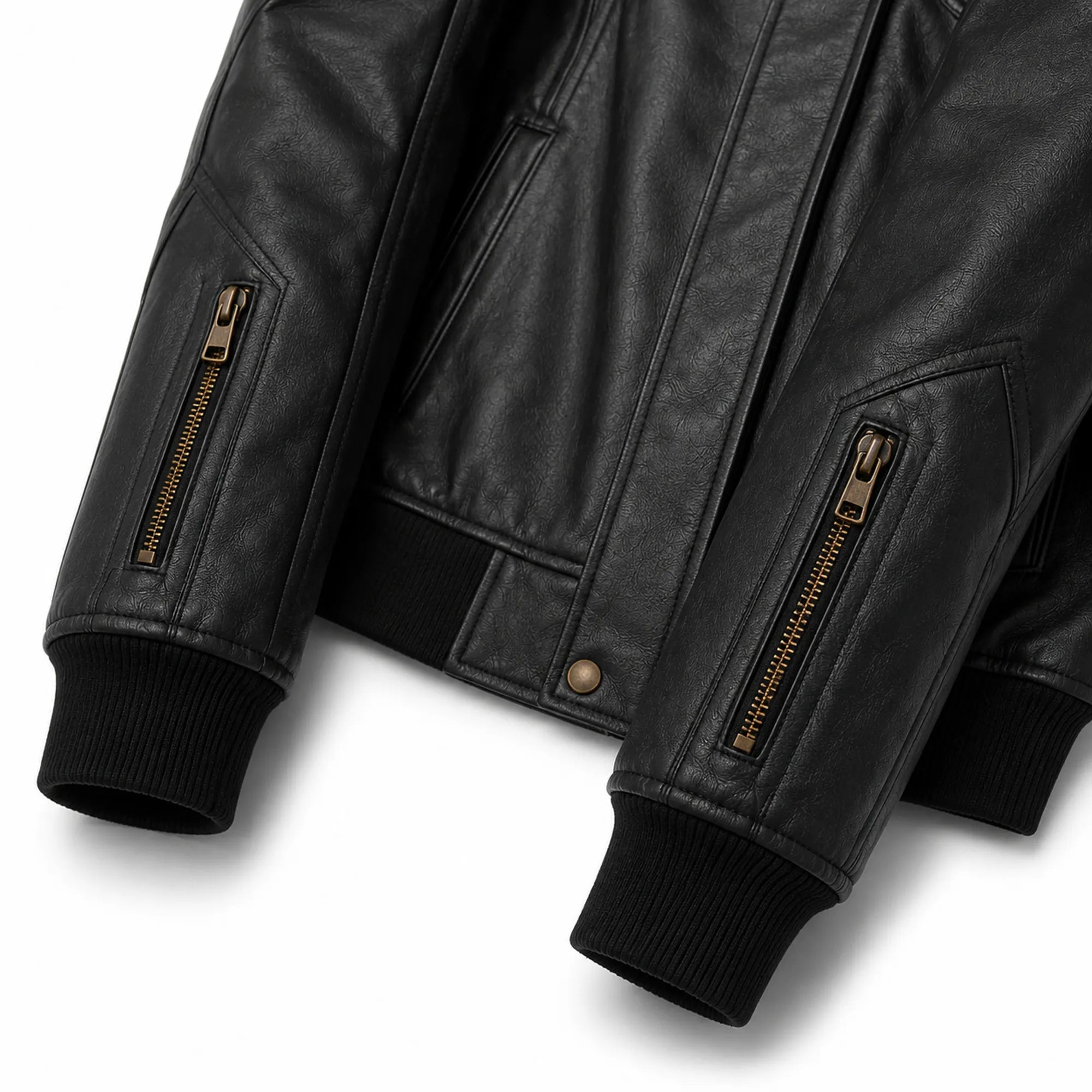 Men's black leather ribbed biker bomber detail – RXD Leather