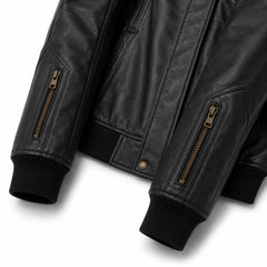 Men's black leather ribbed biker bomber detail – RXD Leather