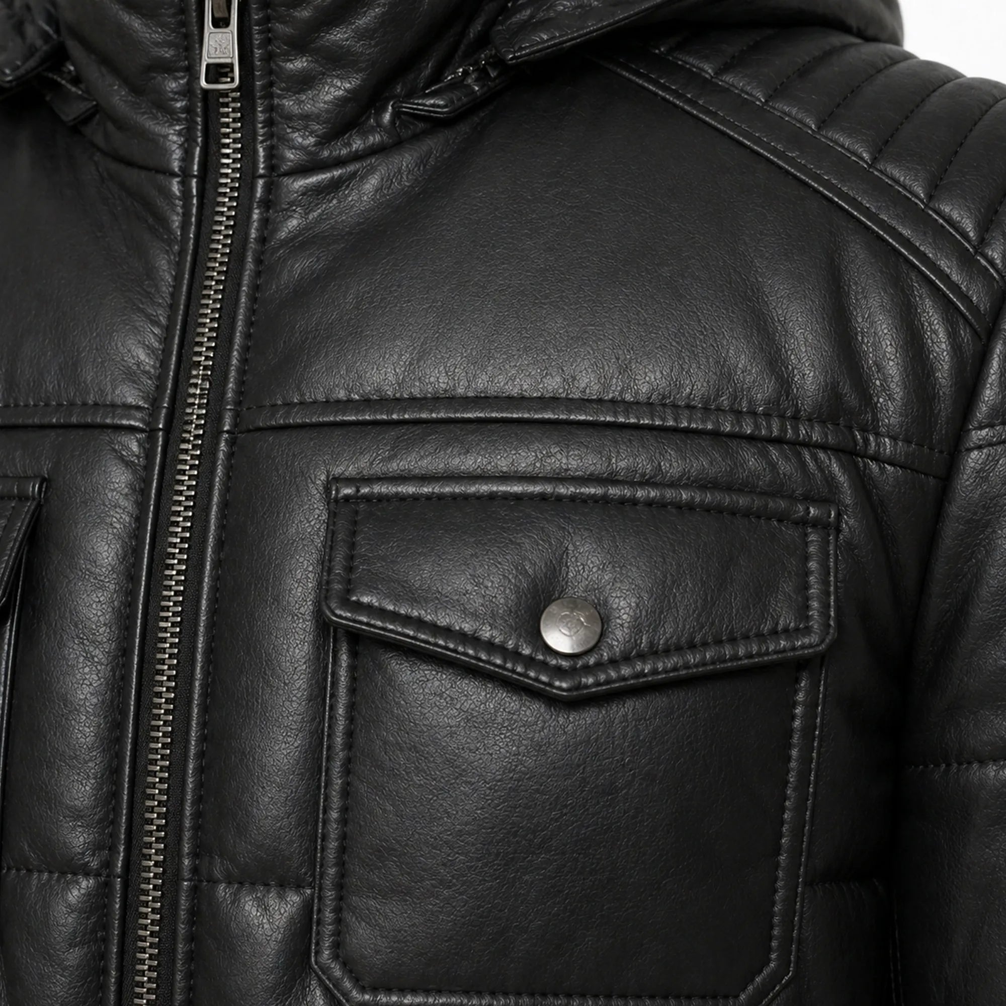 Men's black quilted leather puffer jacket detail – RXD Leather
