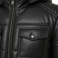 Men's black quilted leather puffer jacket detail – RXD Leather