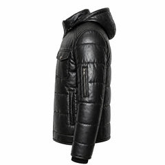 Men's black hooded puffer jacket styled – RXD Leather