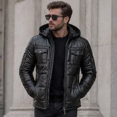 Men's black lambskin puffer jacket with detachable hood – RXD Leather