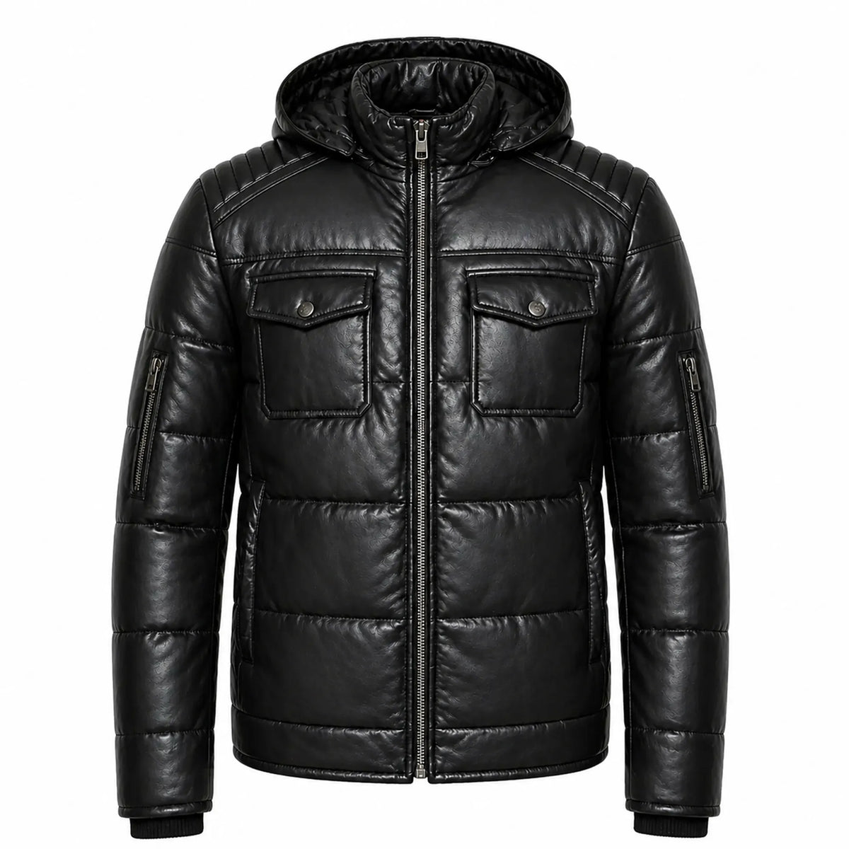 Men's black quilted leather puffer jacket with hood – RXD Leather
