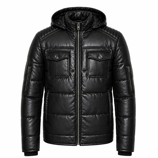 Men's black quilted leather puffer jacket with hood – RXD Leather 2000