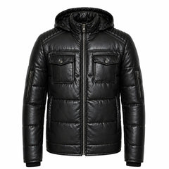 Men's black quilted leather puffer jacket with hood – RXD Leather