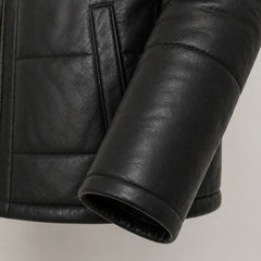 Men's Black Leather Puffer Jacket Hooded Winter Warm Quilted Coat Men- RXD Leather 0088