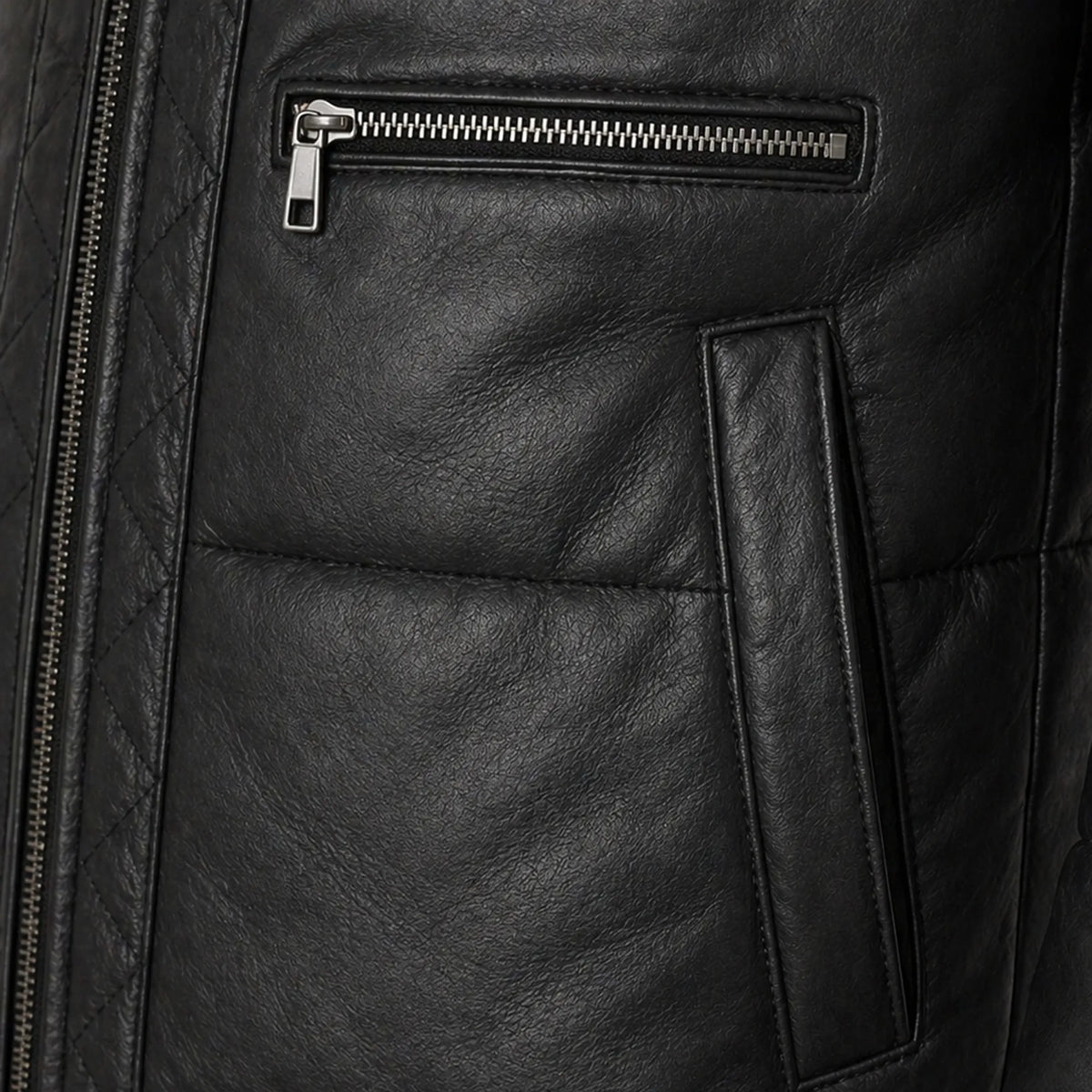 Men's Black Leather Puffer Jacket Hooded Winter Warm Quilted Coat Men- RXD Leather 0088