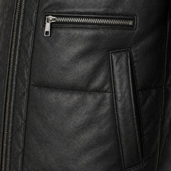 Men's Black Leather Puffer Jacket Hooded Winter Warm Quilted Coat Men- RXD Leather 0088