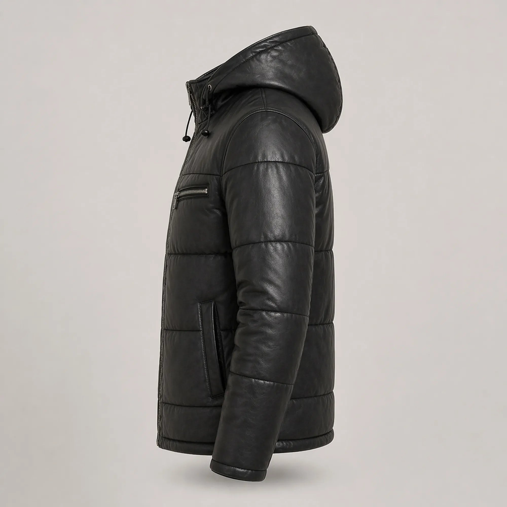 Men's Black Leather Puffer Jacket Hooded Winter Warm Quilted Coat Men- RXD Leather 0088
