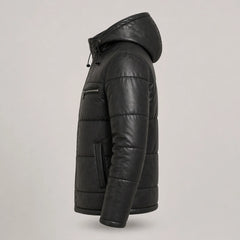 Men's Black Leather Puffer Jacket Hooded Winter Warm Quilted Coat Men- RXD Leather 0088
