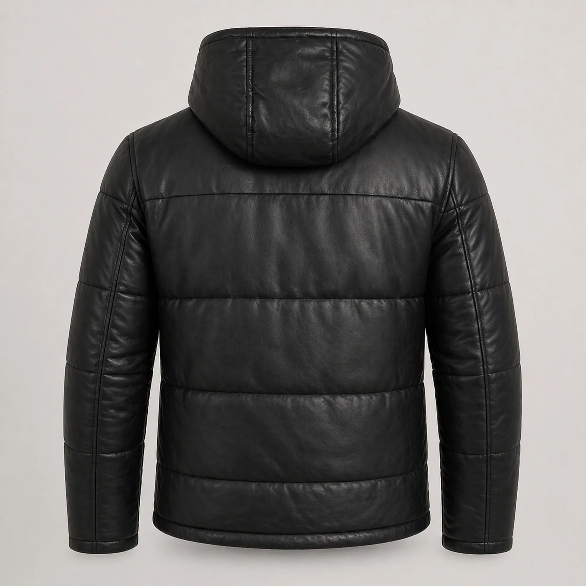 Men's Black Leather Puffer Jacket Hooded Winter Warm Quilted Coat Men- RXD Leather 0088