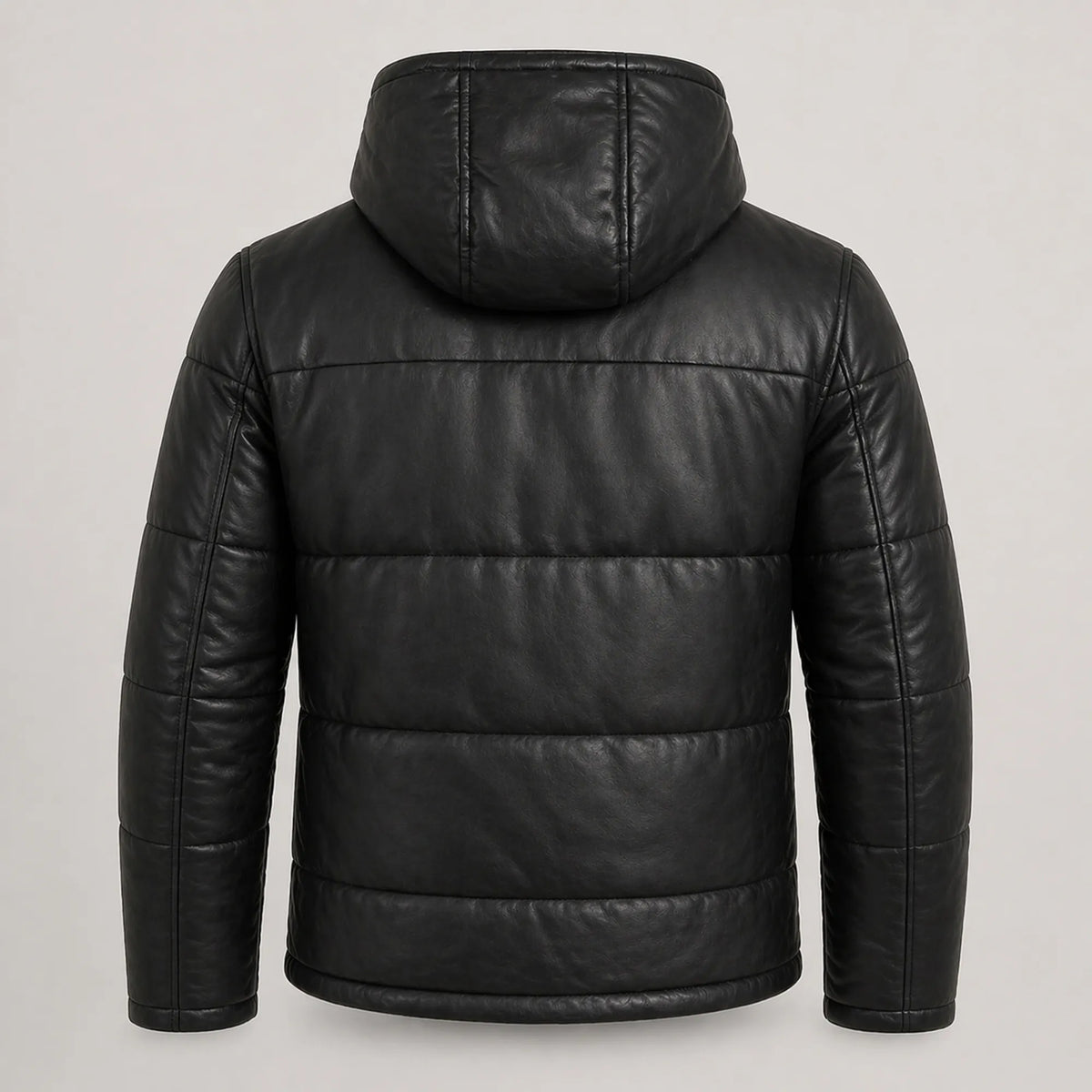 Men's Black Leather Puffer Jacket Hooded Winter Warm Quilted Coat Men- RXD Leather 0088