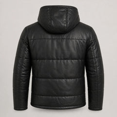 Men's Black Leather Puffer Jacket Hooded Winter Warm Quilted Coat Men- RXD Leather 0088