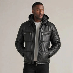 Men's Black Leather Puffer Jacket Hooded Winter Warm Quilted Coat Men- RXD Leather 0088