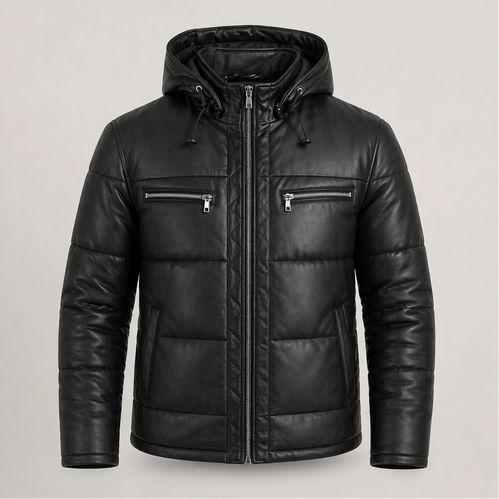 Men's Black Leather Puffer Jacket Hooded Winter Warm Quilted Coat Men- RXD Leather 0088