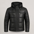 Men's Black Leather Puffer Jacket Hooded Winter Warm Quilted Coat Men- RXD Leather 0088