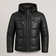 Men's Black Leather Puffer Jacket Hooded Winter Warm Quilted Coat Men- RXD Leather 0088
