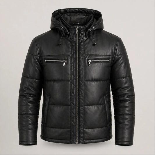 Men's Black Leather Puffer Jacket Hooded Winter Warm Quilted Coat Men- RXD Leather 0088 2000