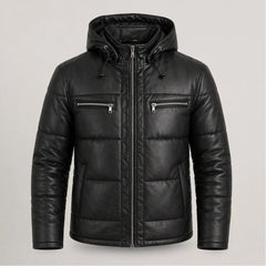 Men's Black Leather Puffer Jacket Hooded Winter Warm Quilted Coat Men- RXD Leather 0088