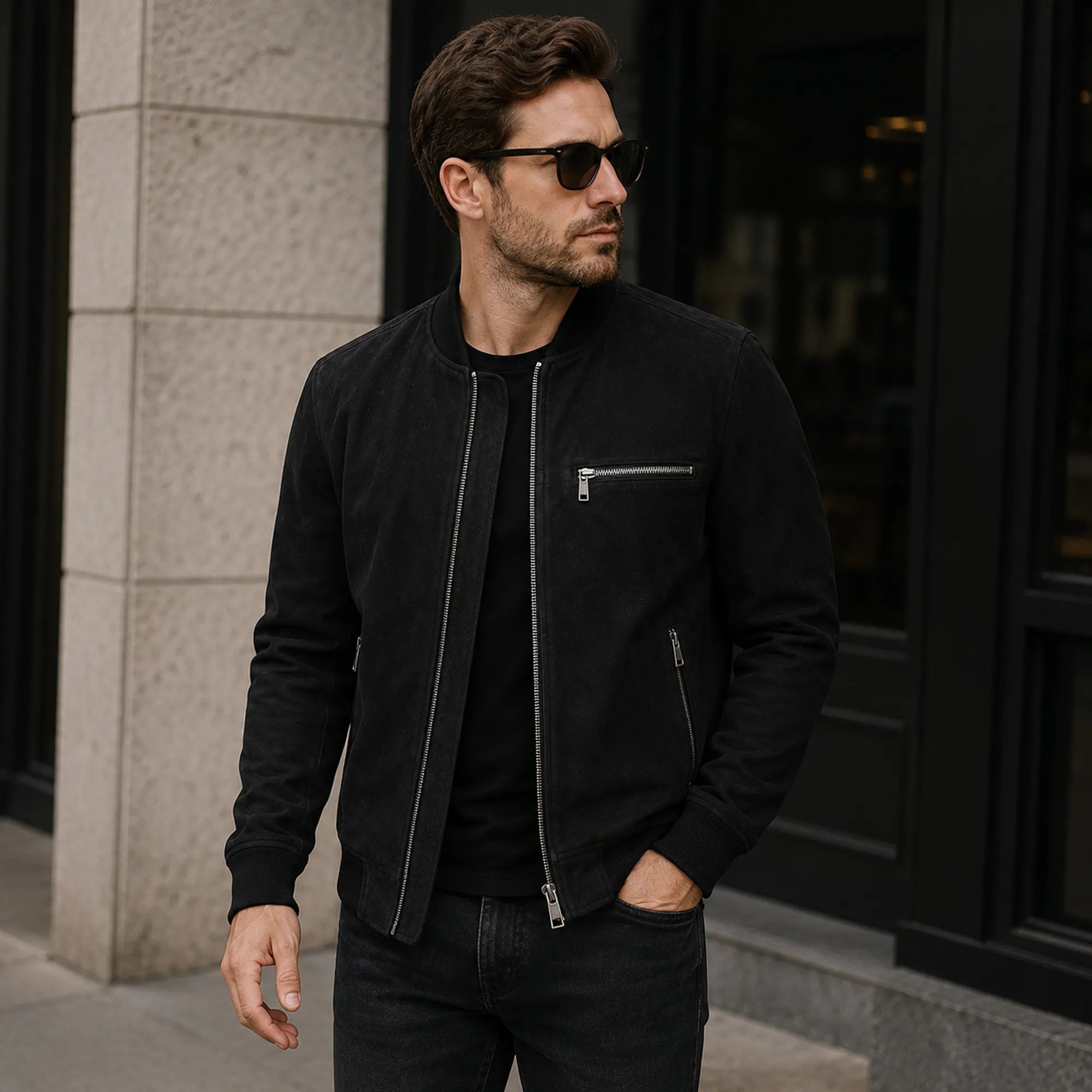 Men's black cowhide suede zip-up bomber – RXD Leather