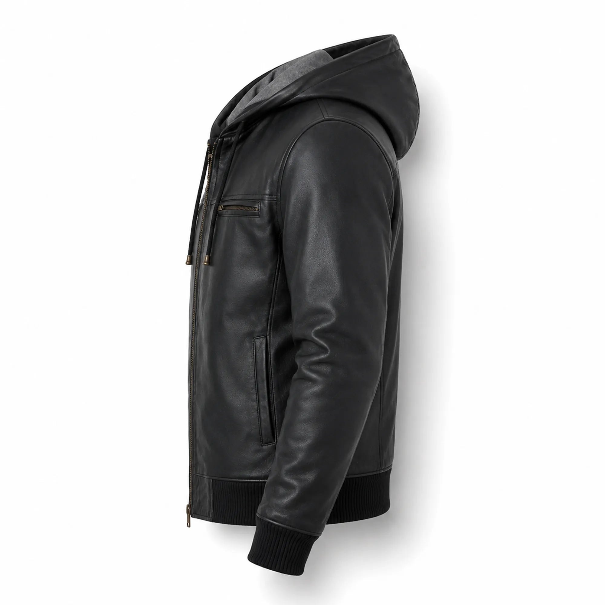Men's black sheepskin hooded leather bomber detail – RXD Leather