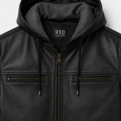 Men's black hooded leather bomber jacket styled – RXD Leather