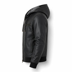 Men's black sheepskin hooded leather bomber detail – RXD Leather