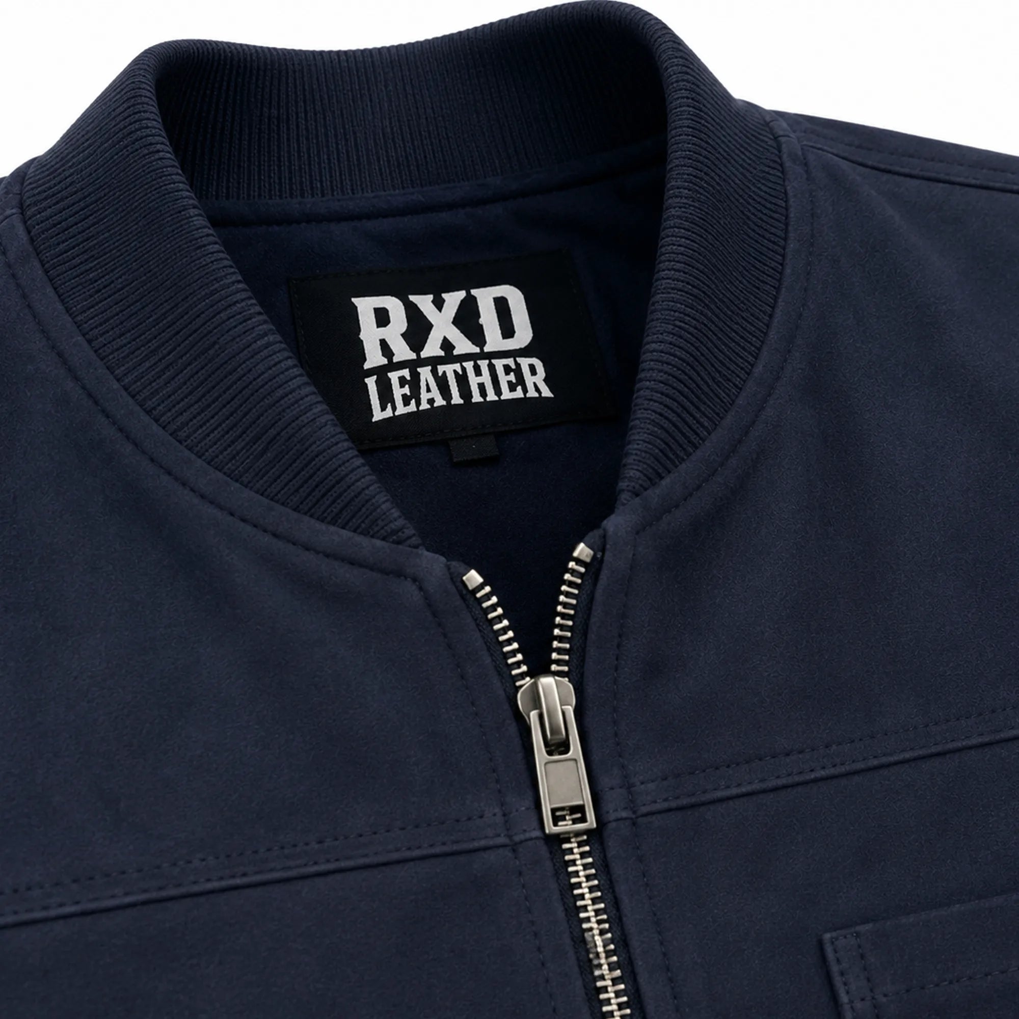 Men's blue suede leather bomber jacket detail – RXD Leather