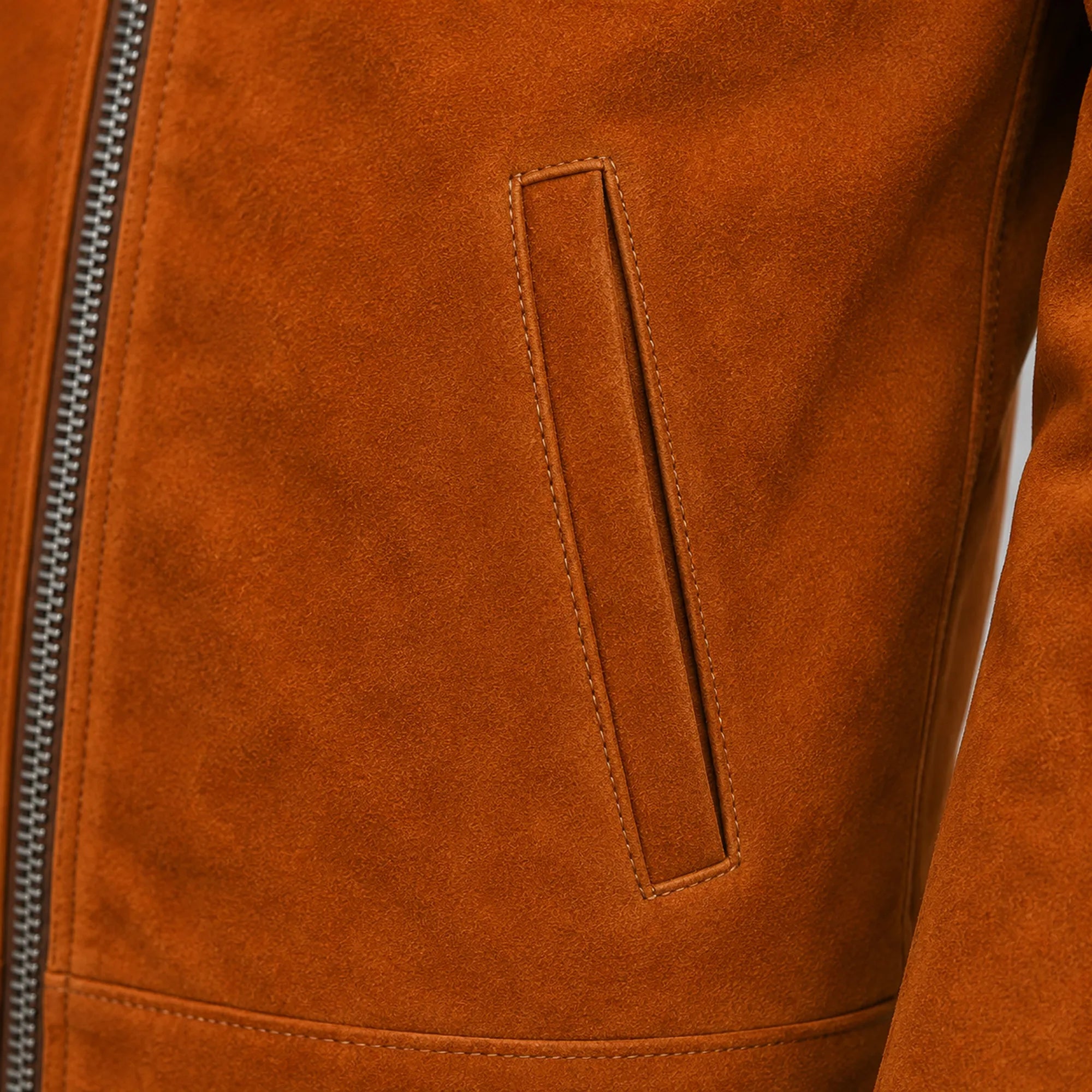 Men's brown goatskin suede leather jacket detail – RXD Leather