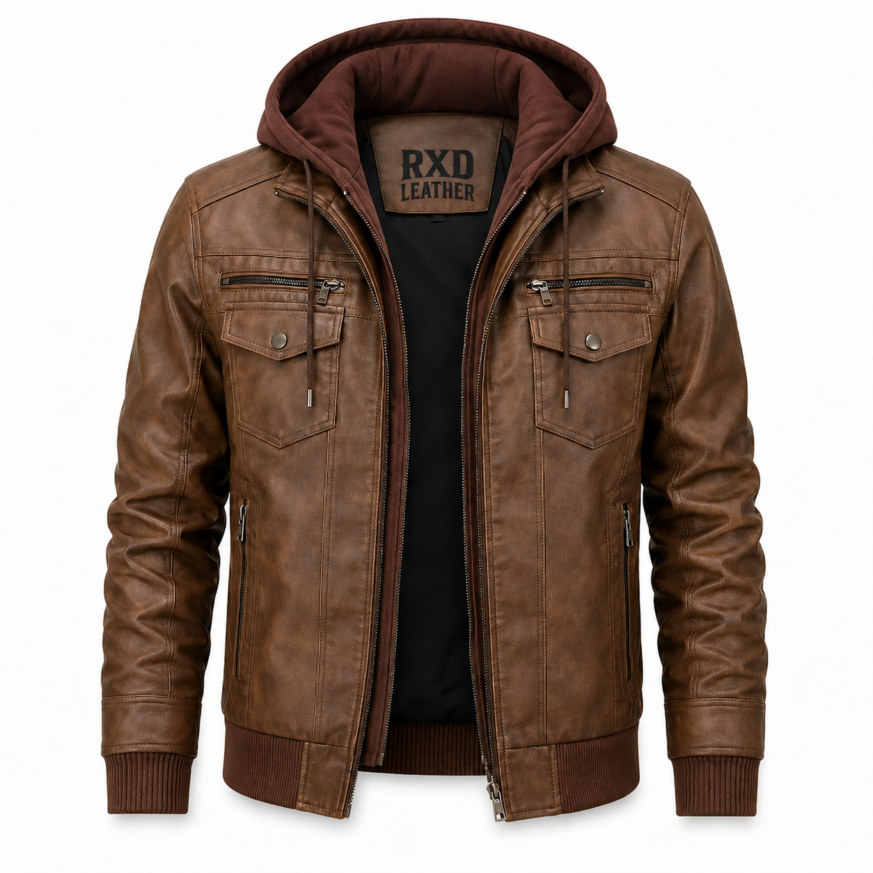 Men's brown leather hooded retro biker jacket – RXD Leather