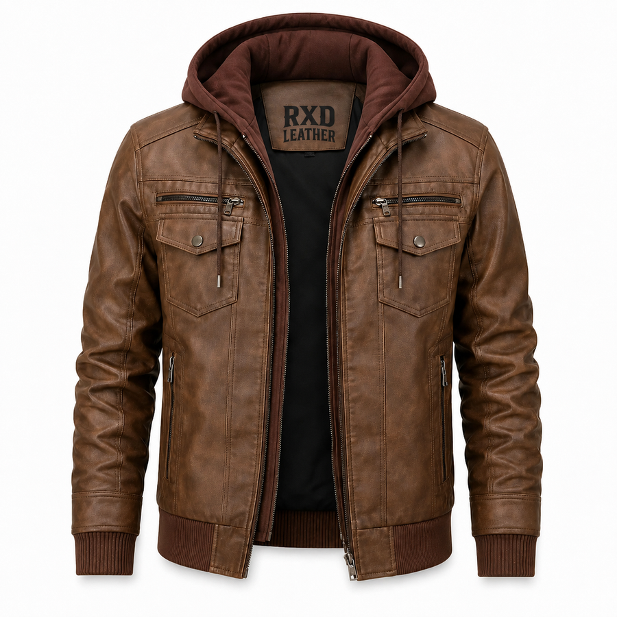 Men's brown leather hooded retro biker jacket – RXD Leather