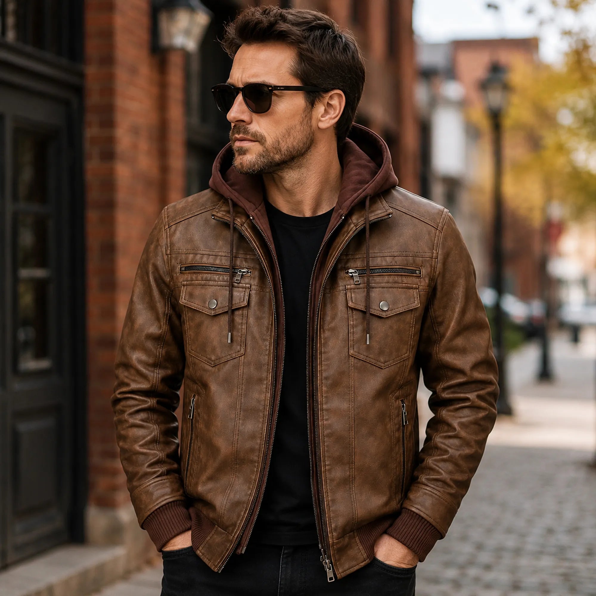 Men's brown retro motorcycle jacket with hood – RXD Leather