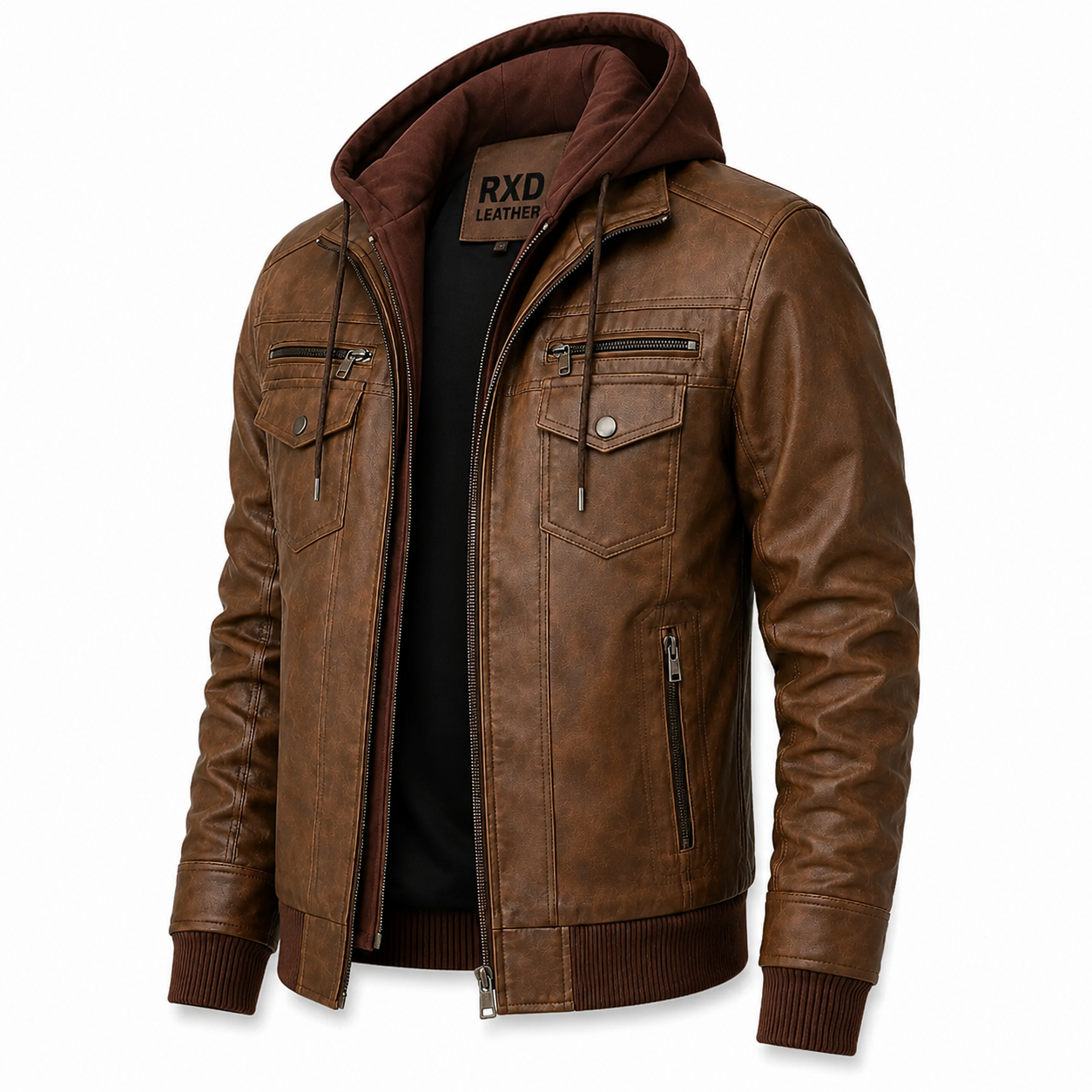 Men's brown leather hooded retro biker jacket detail – RXD Leather