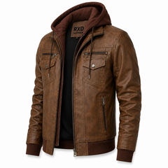 Men's brown leather hooded retro biker jacket detail – RXD Leather