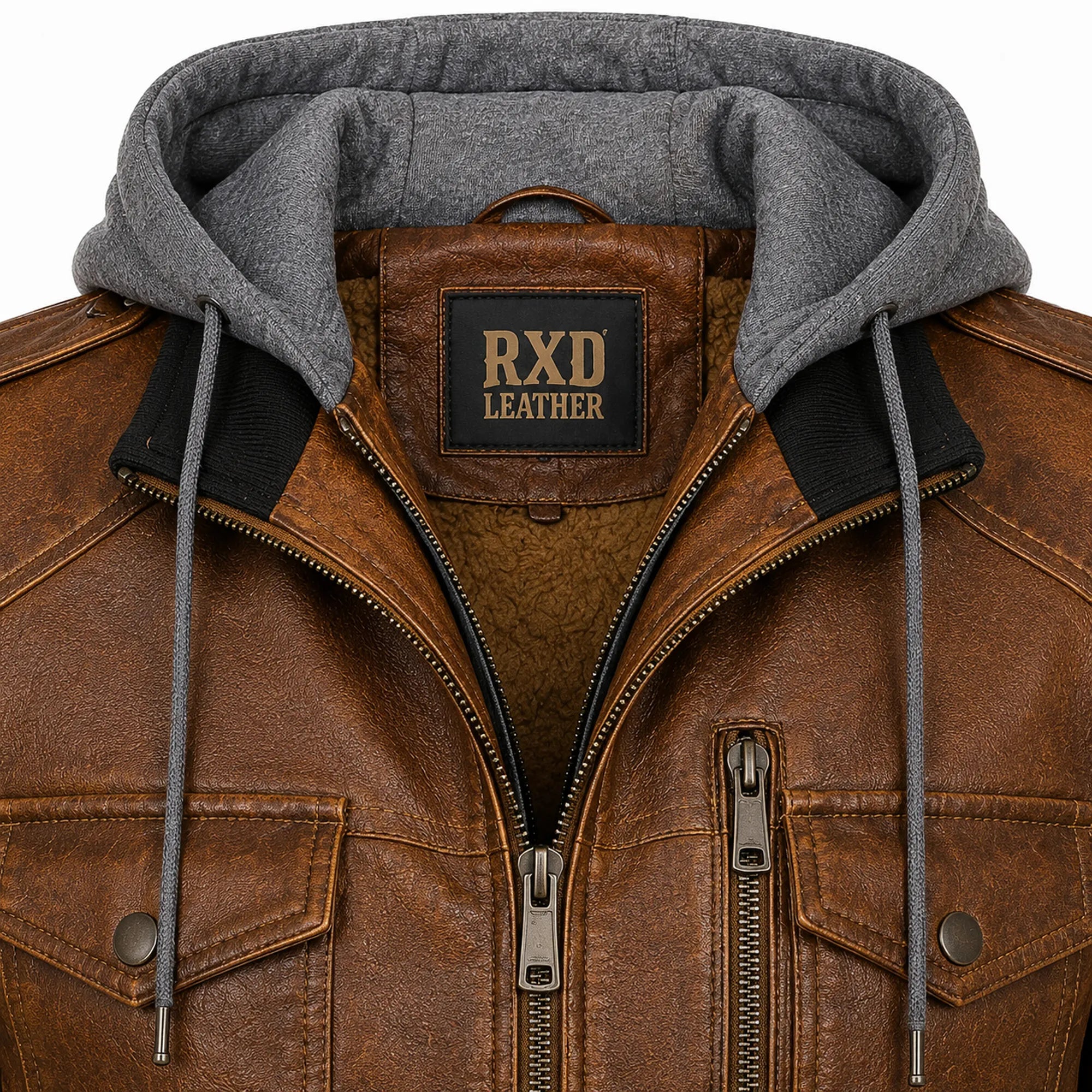 Men's Brown Leather Shearling Hooded Vintage Jacket Winter Coat Style- RXD Leather Jacket 00488