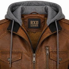 Men's Brown Leather Shearling Hooded Vintage Jacket Winter Coat Style- RXD Leather Jacket 00488