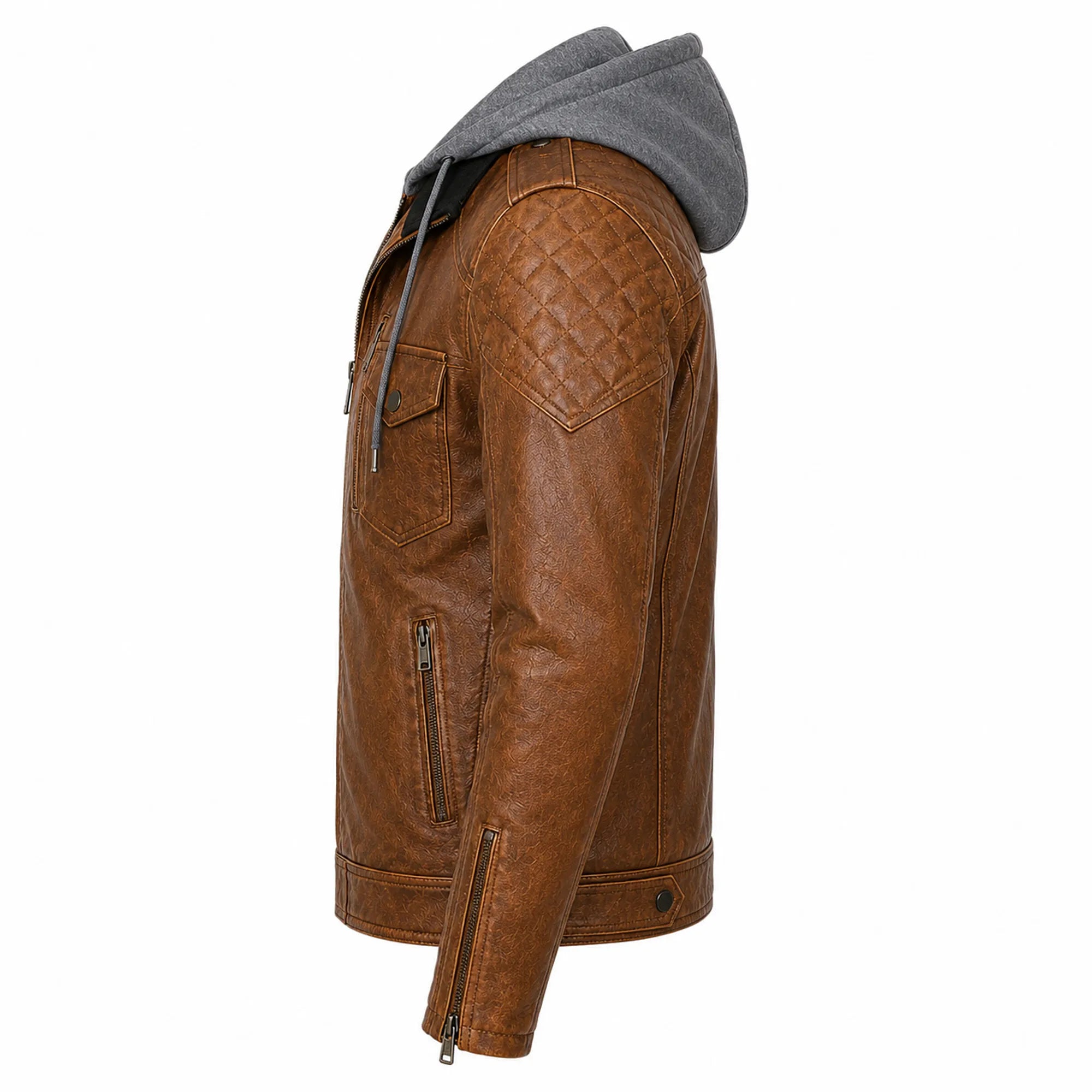 Men's Brown Leather Shearling Hooded Vintage Jacket Winter Coat Style- RXD Leather Jacket 00488