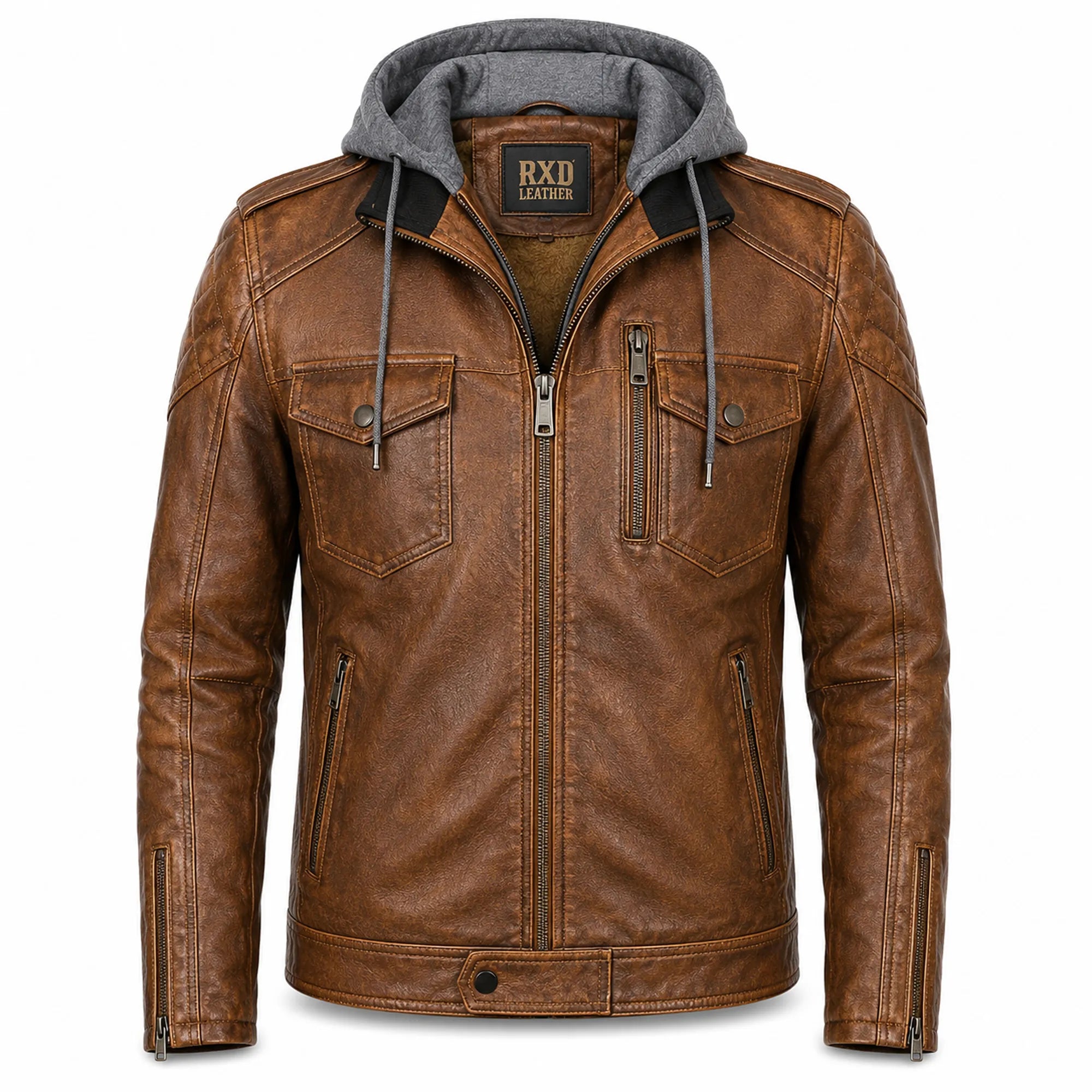 Men's Brown Leather Shearling Hooded Vintage Jacket Winter Coat Style- RXD Leather Jacket 00488