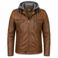 Men's Brown Leather Shearling Hooded Vintage Jacket Winter Coat Style- RXD Leather Jacket 00488