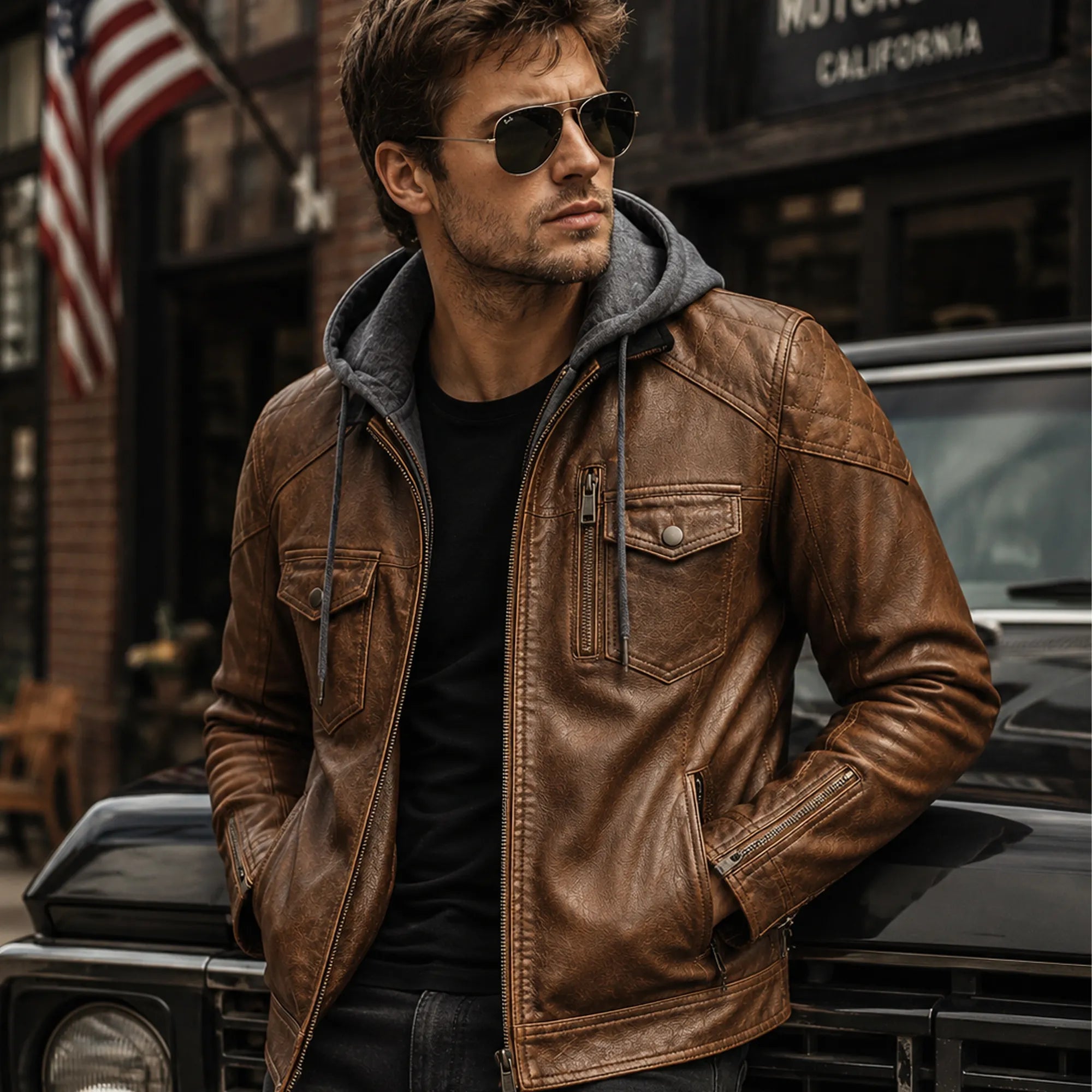 Men's Brown Leather Shearling Hooded Vintage Jacket Winter Coat Style- RXD Leather Jacket 00488