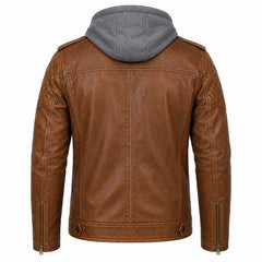 Men's Brown Leather Shearling Hooded Vintage Jacket Winter Coat Style- RXD Leather Jacket 00488