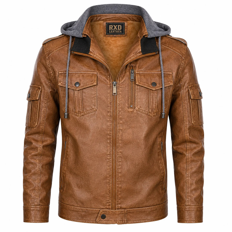 Men's brown leather shearling hooded vintage jacket – RXD Leather