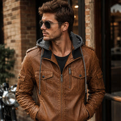 Men's brown leather jacket with removable hood – RXD Leather