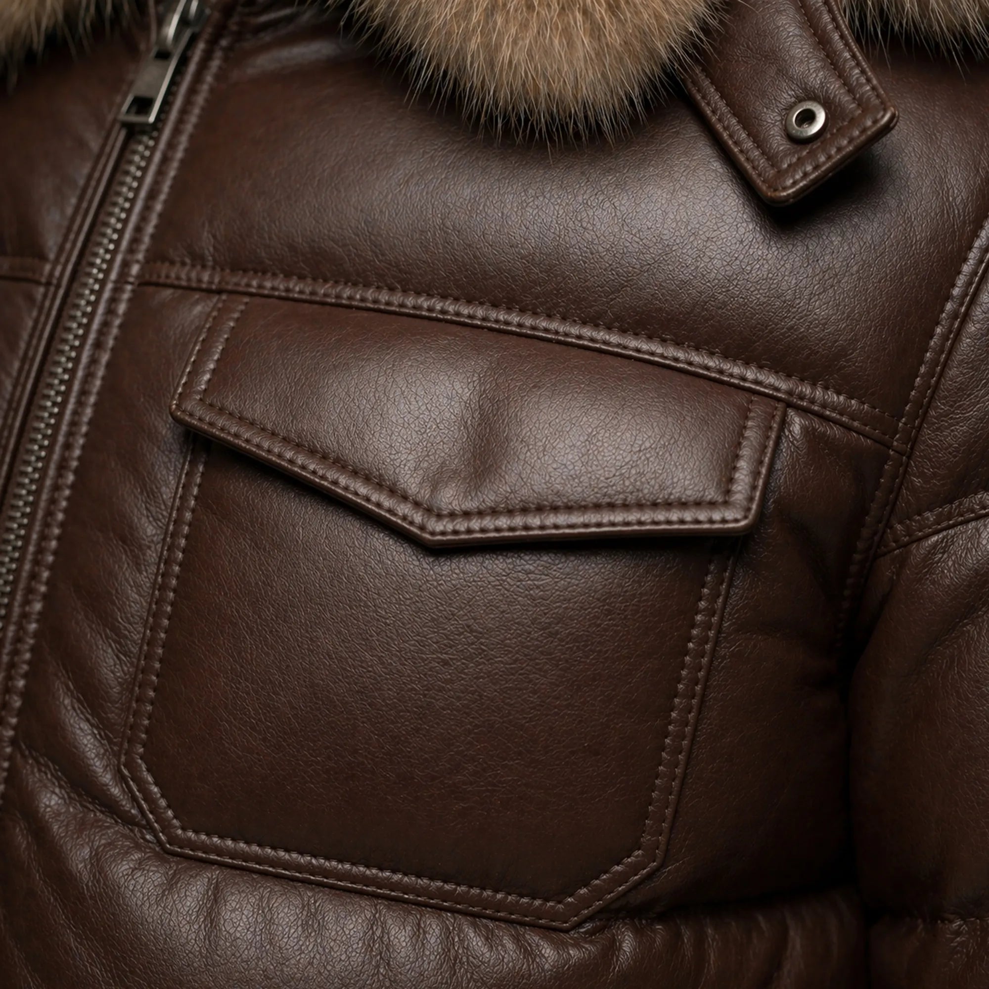 Men's brown lambskin leather puffer jacket detail – RXD Leather