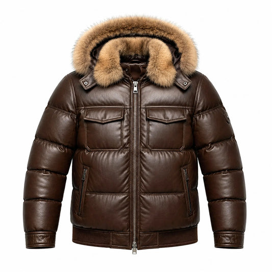 Men's brown lambskin leather puffer jacket with fur hood – RXD Leather 2000