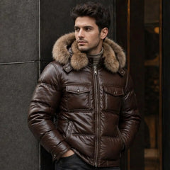 Men's brown puffer jacket with detachable fur hood – RXD Leather