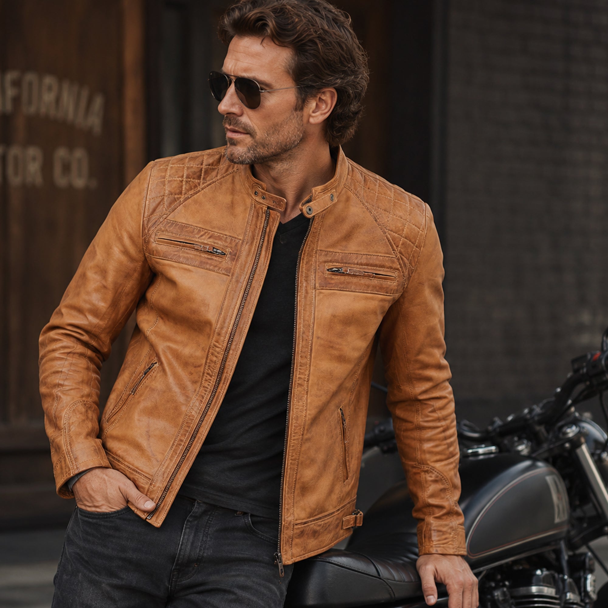 Men's camel leather aviator jacket with snap collar – RXD Leather