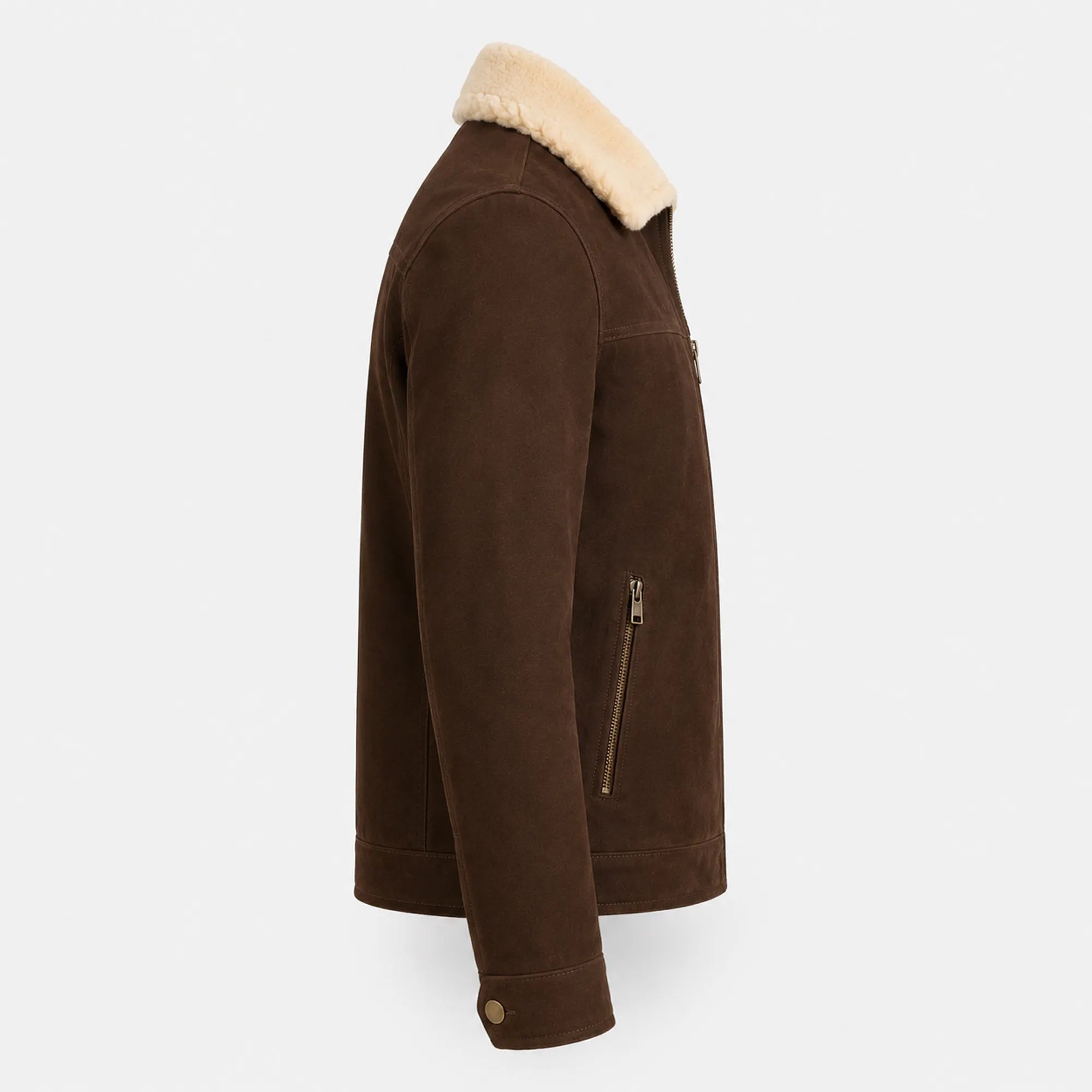 Men's Coffee Brown Suede Leather Shearling Collar Jacket Winter Jacket - RXD Leather 00504